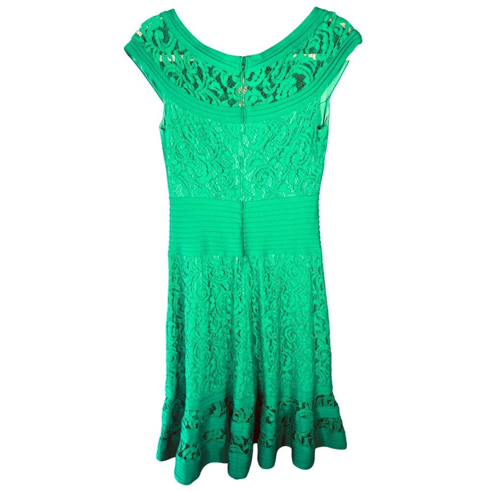 Tadashi Shoji Sz 6 Kelly Green Lace Flair Bottom Dress READ - Picture 2 of 16